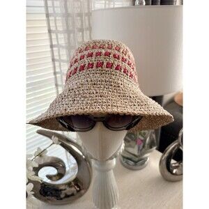 The Scala  Collection Pink Woven Straw Bucket Hat Natural Sun Shade Packable